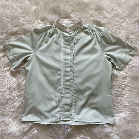 🖤 Vintage High Collar Short Sleeve Button Up Bed Jacket Mint Green Women’s Med - Picture 8 of 10